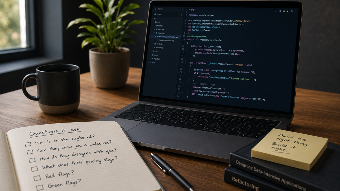 Modern workspace with a laptop on a wooden desk displaying Symfony/PHP code, a notebook listing questions for evaluating a software consultancy, a coffee mug, indoor plant, and software architecture and refactoring books.