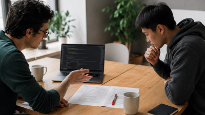 Two engineers across a table with a printed code diff between them and a whiteboard behind, suggesting an interview conversation focused on reasoning about real code rather than recalling framework trivia
