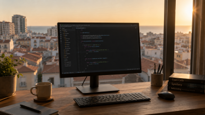 Photorealistic editorial-style home office scene featuring a monitor with Symfony code on screen, warm sunset light through a Cyprus apartment window, and blurred Mediterranean rooftops in the background.