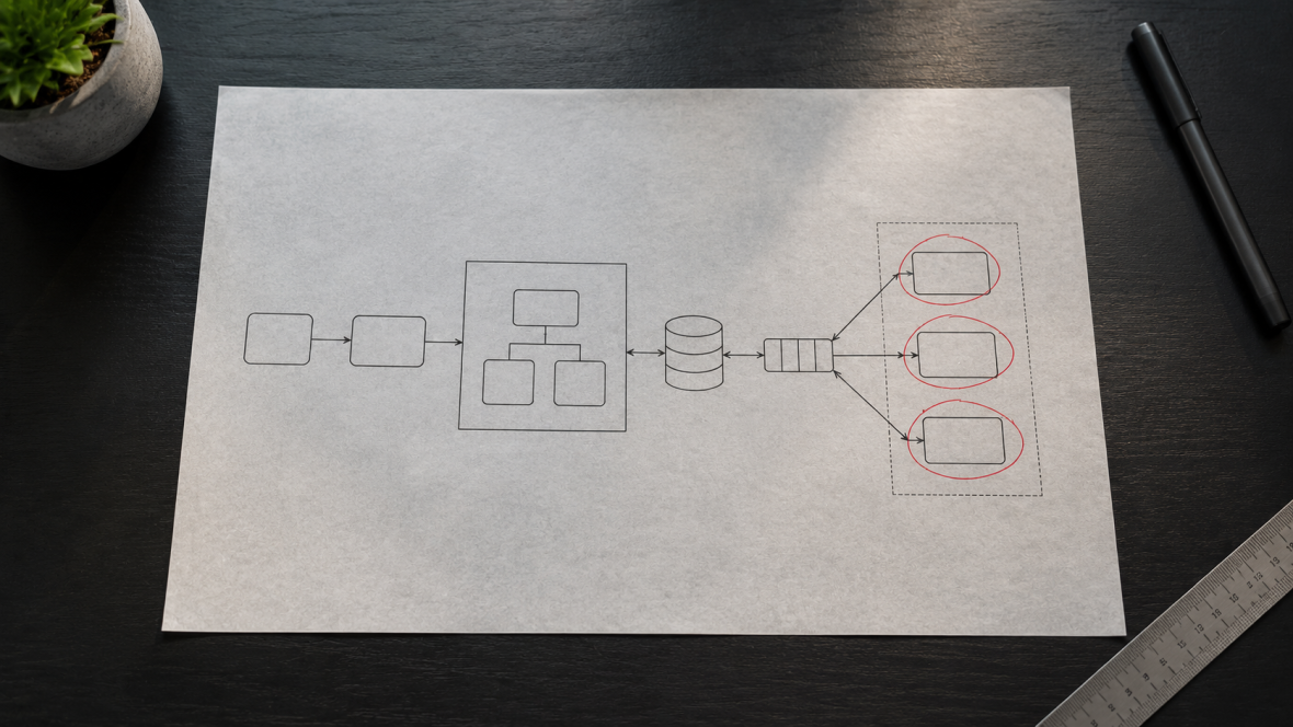 Top-down photorealistic editorial image of a dark desk with a single sheet of tracing paper showing a minimal service architecture diagram, with red ink circles highlighting third-party provider nodes.