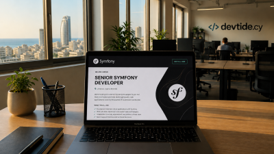 Photorealistic editorial scene of an empty desk with a Symfony job advert open on a laptop, warm Mediterranean light through a Limassol office window, and a quiet, half-staffed open-plan office in the background.