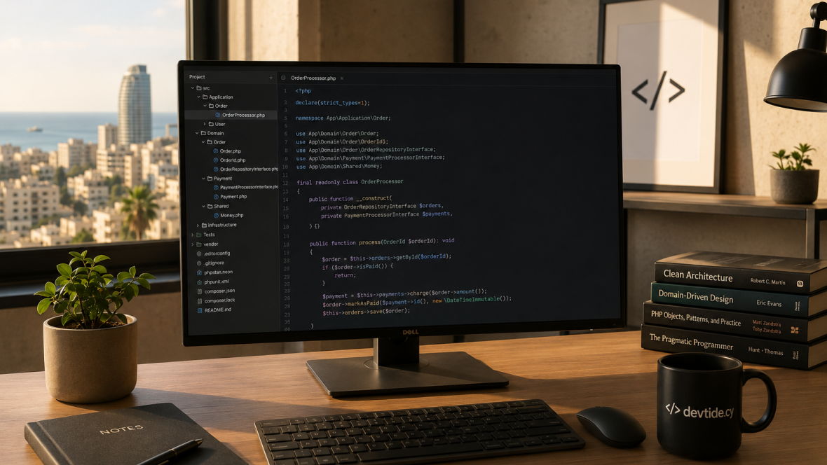 Photorealistic editorial scene of a developer's desk with modern, strictly typed PHP code on a large monitor, warm Mediterranean light through a window, and a calm focused workspace.
