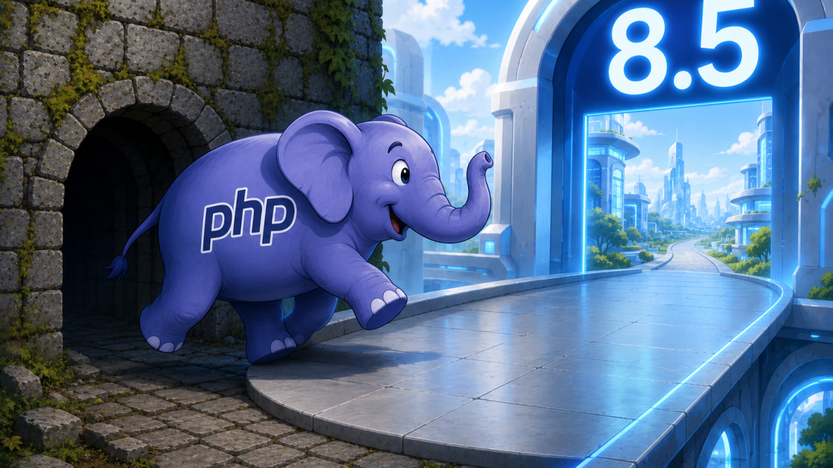 A PHP elephant stepping from an older runtime into version 8.5, with clone-with, pipe-operator, and NoDiscard symbols marking the path