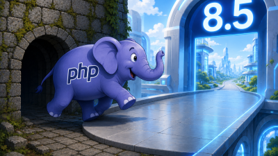 A PHP elephant stepping from an older runtime into version 8.5, with clone-with, pipe-operator, and NoDiscard symbols marking the path