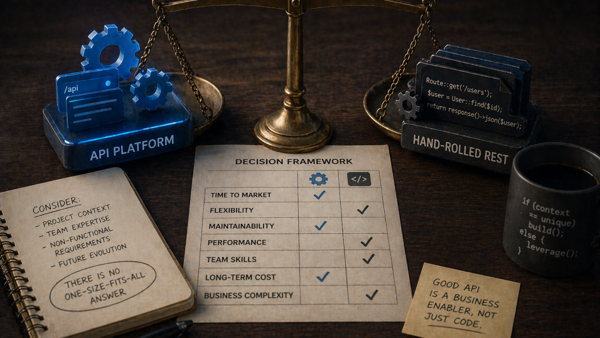 Brass scale balancing API Platform on one pan with a gear and api badge against hand-rolled REST on the other pan with a Symfony Route attribute code snippet, alongside a decision framework matrix listing time to market, flexibility, maintainability, performance, team skills, long-term cost and business complexity