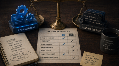 Brass scale balancing API Platform on one pan with a gear and api badge against hand-rolled REST on the other pan with a Symfony Route attribute code snippet, alongside a decision framework matrix listing time to market, flexibility, maintainability, performance, team skills, long-term cost and business complexity