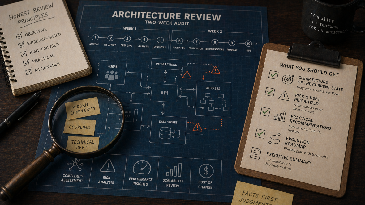 Diagramm im Blueprint-Stil eines Architektur-Reviews mit einem Zehn-Tage-Plan aus Kickoff, Discovery, Deep Dive, Analyse, Synthese, Validierung, Priorisierung, Empfehlungen, Roadmap und Post-Review, daneben ein Systemdiagramm mit Risikomarkierungen, einer Lupe über versteckter Komplexität und Kopplung sowie einem Clipboard, das auflistet, was der Kunde aus der Zusammenarbeit mitnehmen sollte