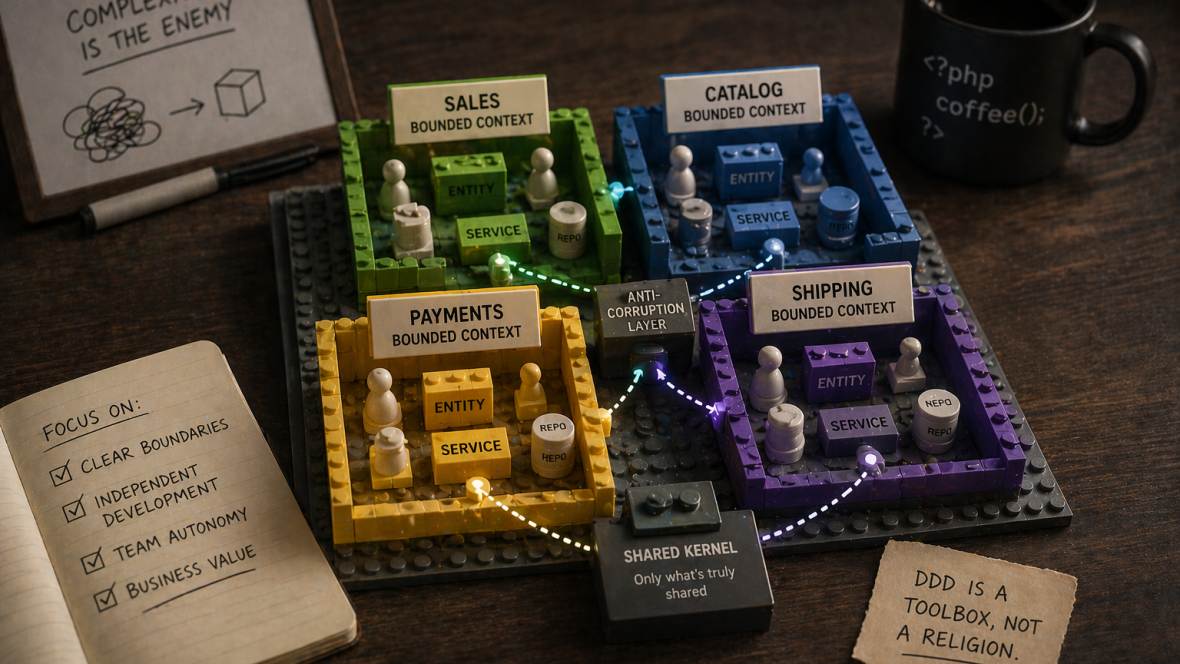 LEGO-style bounded contexts in green, blue, yellow, and purple representing Sales, Catalog, Payments, and Shipping with an anti-corruption layer and shared kernel between them, alongside a notebook listing focus areas and sticky notes saying DDD is a toolbox not a religion and Complexity is the enemy