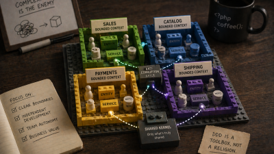 LEGO-style bounded contexts in green, blue, yellow, and purple representing Sales, Catalog, Payments, and Shipping with an anti-corruption layer and shared kernel between them, alongside a notebook listing focus areas and sticky notes saying DDD is a toolbox not a religion and Complexity is the enemy