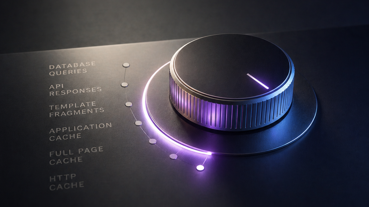 A glowing purple and blue cache control dial with layer labels around its edge: database queries, API responses, template fragments, application cache, full page cache, and HTTP cache.