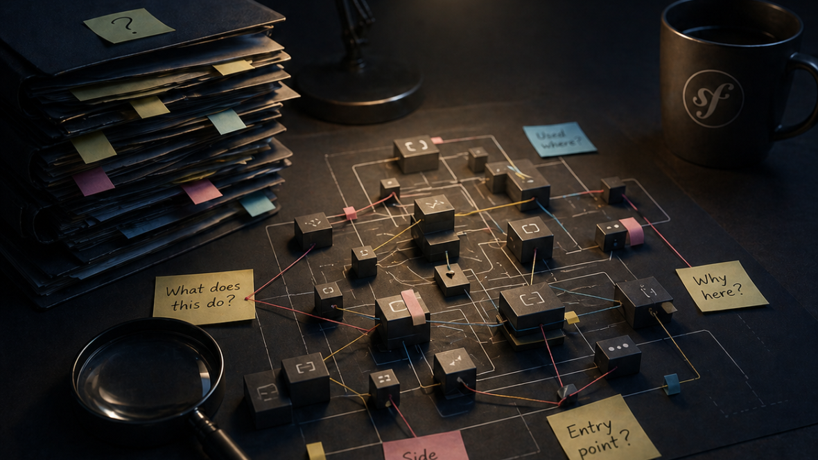 A desk lamp lights an investigation board scattered with code cubes connected by chalk lines and sticky notes asking entry point, side effect, what does this do, and why here, next to a Symfony coffee mug, a magnifying glass, and a stack of binders.