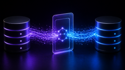 Two dark cylindrical databases connected by a glowing stream of data flowing through a central translucent shard, representing a zero-downtime schema migration with traffic continuing to flow during the switch
