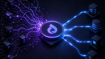 A glowing Doctrine logo at the center of a dark 3D scene, with a tangled mass of purple data cables on the left representing messy write paths and clean blue streams fanning out to database server icons on the right representing well-shaped read paths