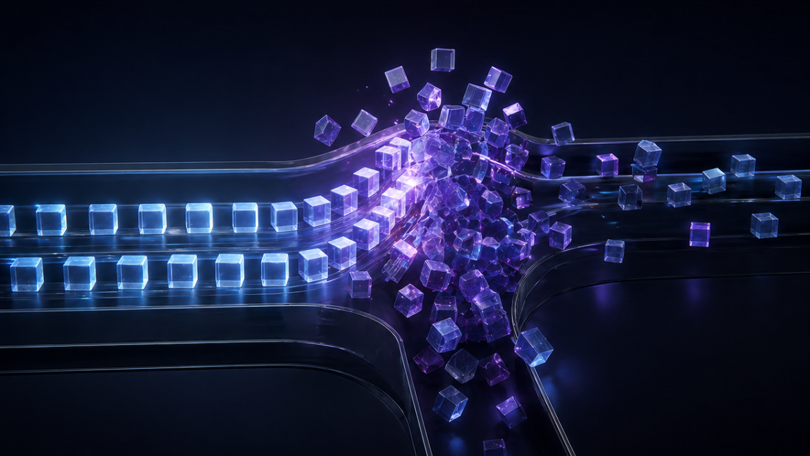 Glowing purple and blue message cubes flowing along three converging tracks, with a cluster of cubes piling up at the merge point representing transports, retries, and a dead-letter queue.