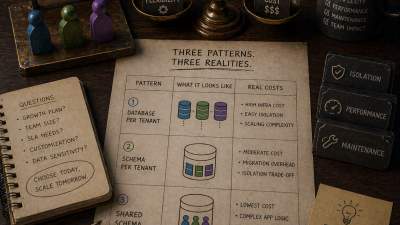 A wooden desk scene with a Multi-Tenant Symfony sign, three tenant figurines, a brass scale balancing flexibility and cost, a sketched table comparing database-per-tenant, schema-per-tenant and shared schema with their real costs, and sticky notes reading questions to ask and There is no free lunch, only trade-offs
