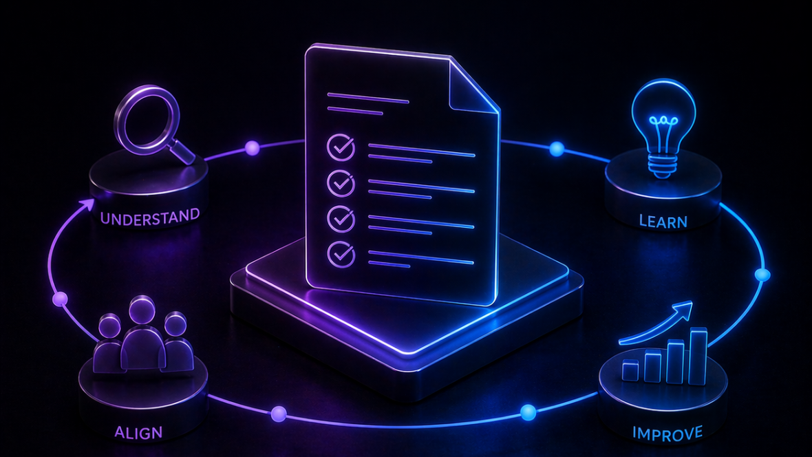 A glowing neon postmortem document on a dark pedestal with checkmarked items, circled by four stations (Understand, Align, Learn, Improve) connected by luminous purple and blue paths, representing the feedback loop from incident to planning