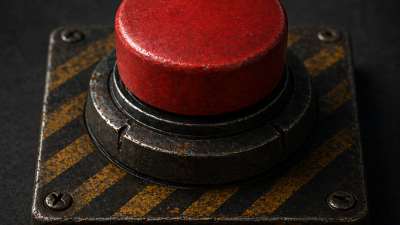 A large, weathered red emergency button on a metal plate with yellow and black hazard stripes, representing the do-not-press nuclear option that a full rewrite usually is
