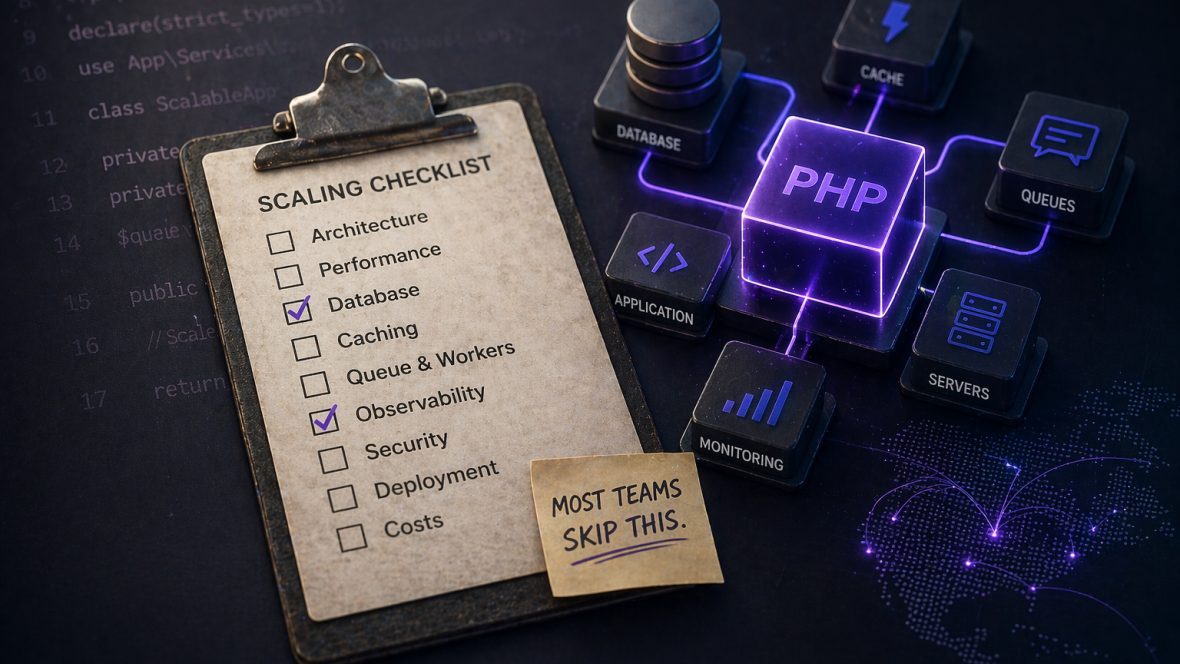 Wooden clipboard labeled SCALING CHECKLIST with items for architecture, performance, database, caching, queues, observability, security, deployment and costs, next to a glowing PHP cube connected by lines to nodes for database, cache, queues, application, servers and monitoring