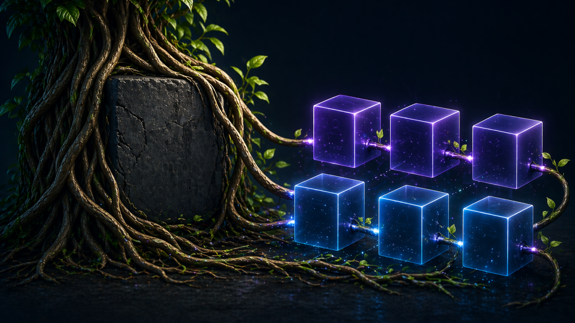 Strangler fig roots enveloping a stone monolith next to six glowing purple and blue service cubes, illustrating the Strangler Fig migration pattern