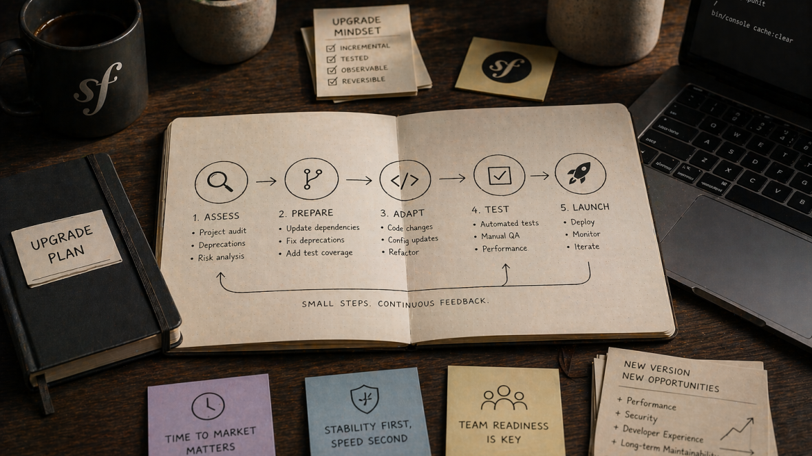 A desk with an open sketched upgrade plan notebook showing a five-step flow (Assess, Prepare, Adapt, Test, Launch), surrounded by sticky notes for upgrade mindset (incremental, tested, observable, reversible), time to market matters, stability first, team readiness is key, and a new version opportunities card listing performance, security, developer experience, long-term maintainability