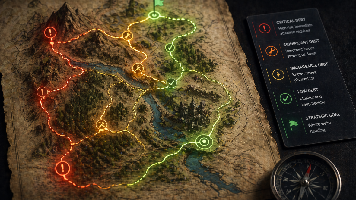 Treasure-map style diagram with colored debt severity trails (red for critical, orange for significant, yellow for manageable, green for low) winding across a parchment, a legend card on the right, and a compass in the lower corner