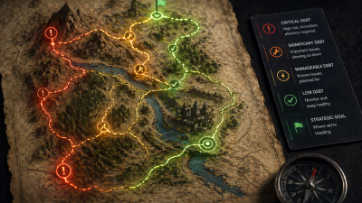 Treasure-map style diagram with colored debt severity trails (red for critical, orange for significant, yellow for manageable, green for low) winding across a parchment, a legend card on the right, and a compass in the lower corner