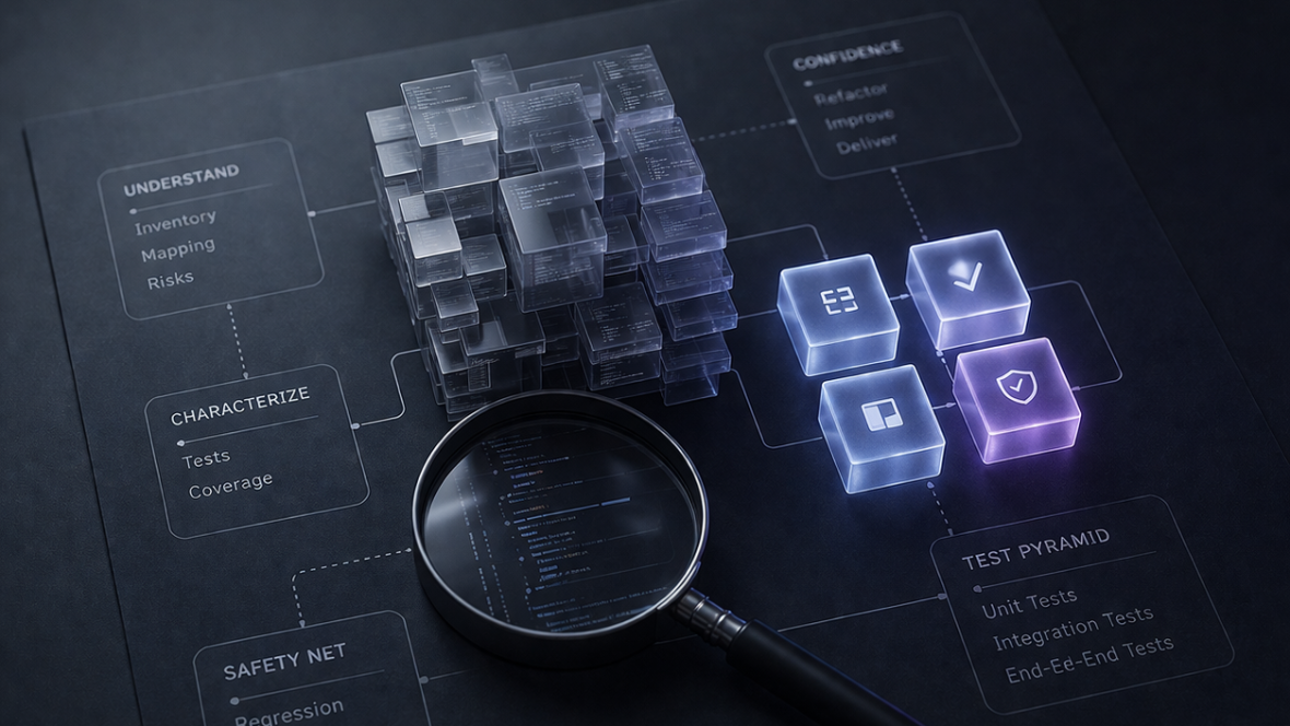 Eine Lupe ruht auf einer dunklen Skizze über einem Stapel leuchtender Legacy-Code-Würfel, umgeben von beschrifteten Feldern für Understand, Characterize, Safety Net, Test Pyramid und Compliance.